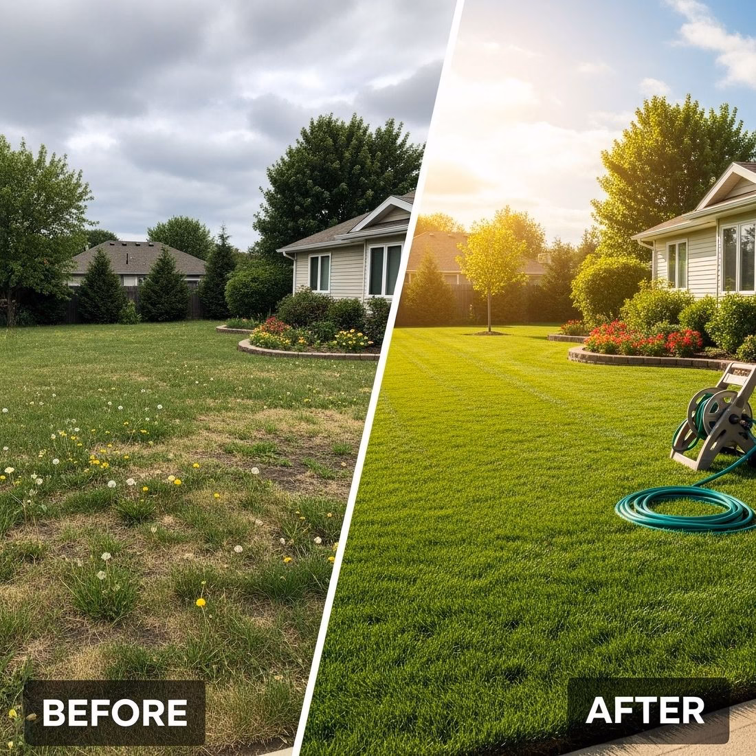 Patchy yard before, lush lawn and beds after