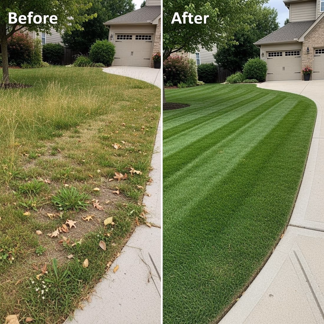 Thin lawn before, striped lawn after
